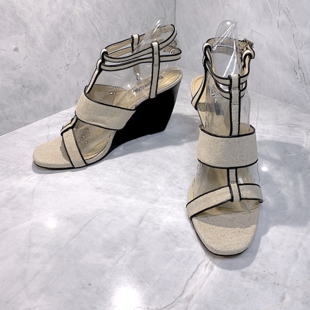 Rachel Zoe beige linen wedges with black trim, double strap size 9